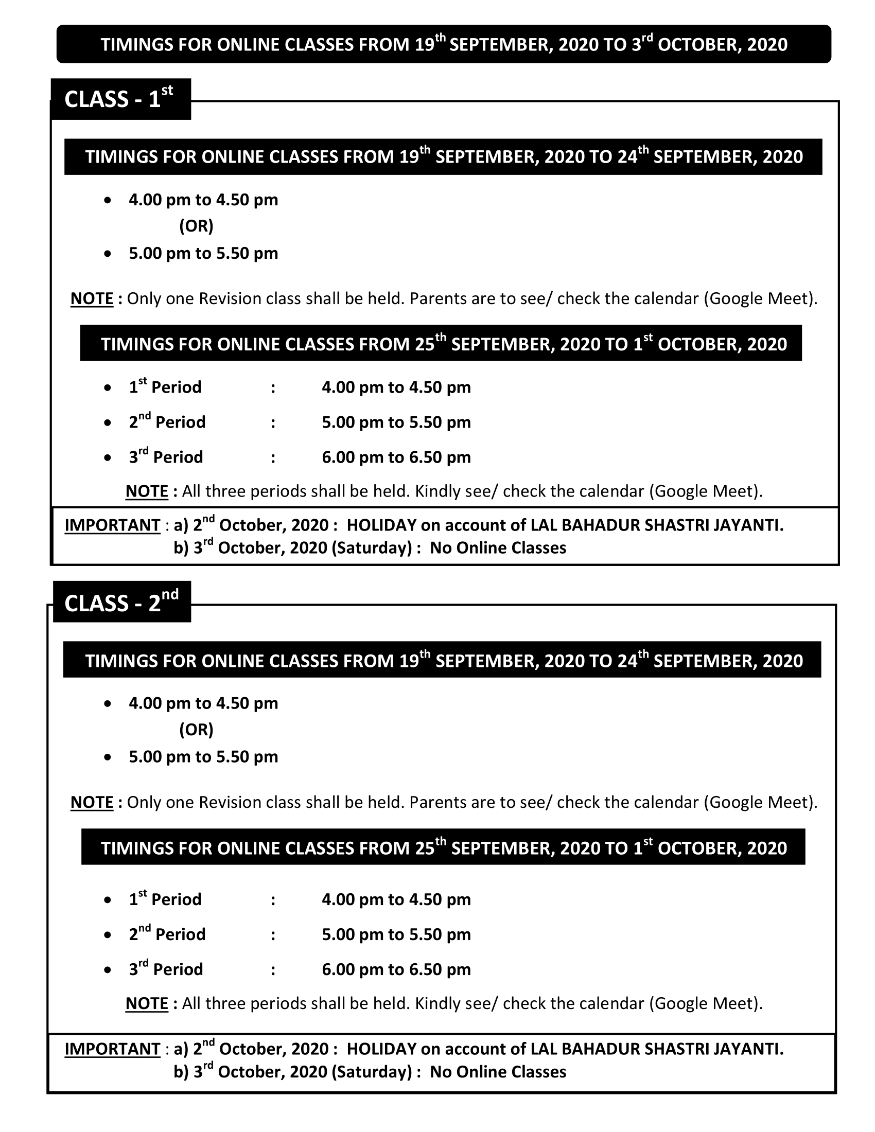 TIMINGS FOR ONLINE CLASSES FROM 19th SEPTEMBER TO 3rd OCTOBER 2020