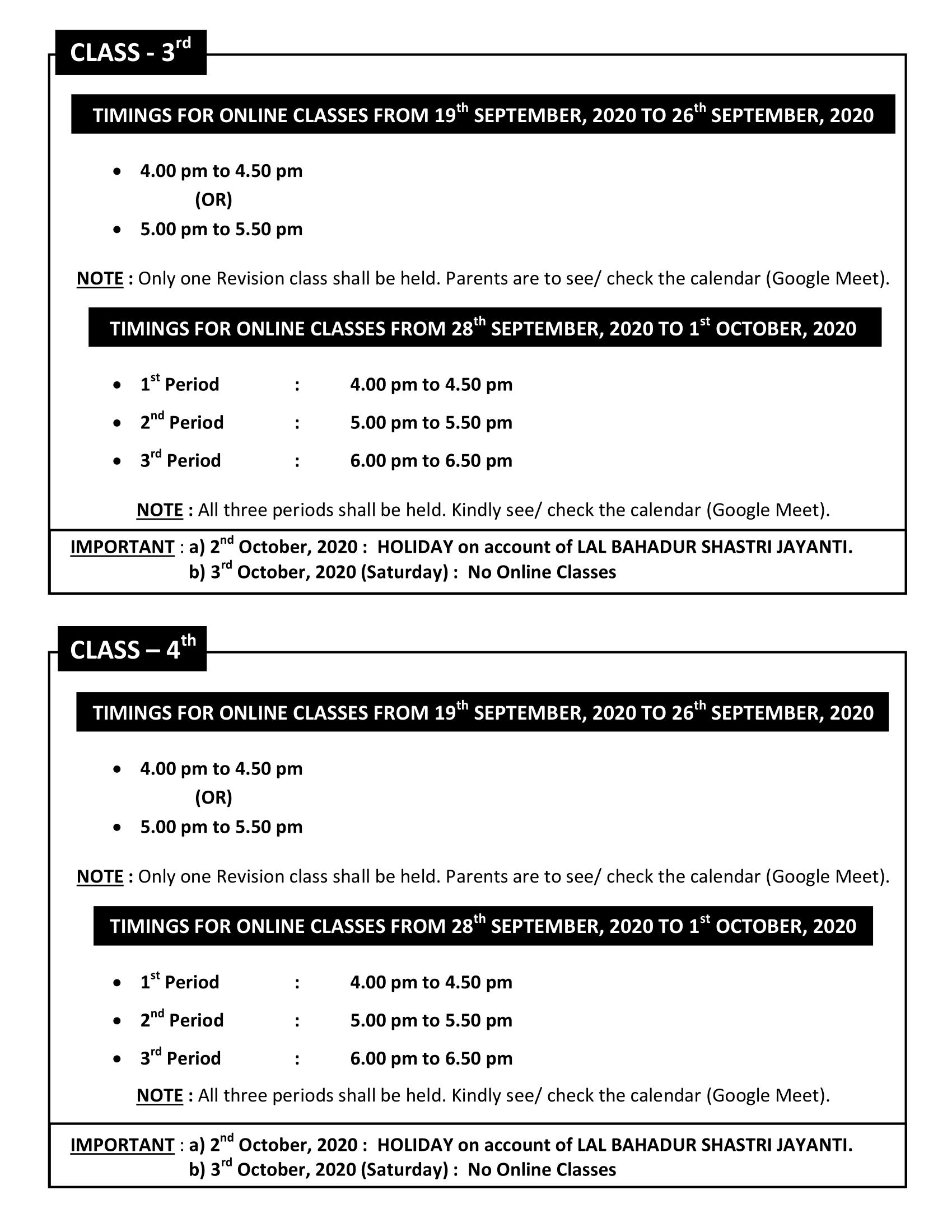 TIMINGS FOR ONLINE CLASSES FROM 19th SEPTEMBER TO 3rd OCTOBER 2020