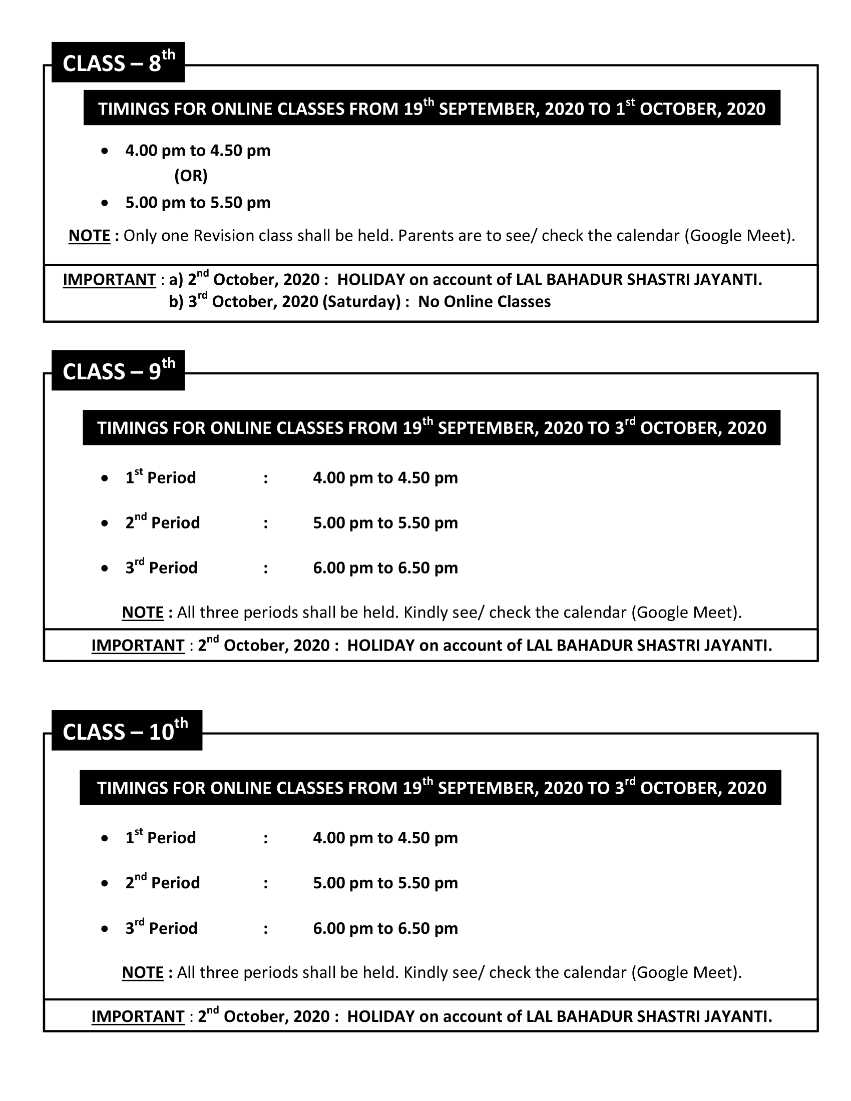 TIMINGS FOR ONLINE CLASSES FROM 19th SEPTEMBER TO 3rd OCTOBER 2020