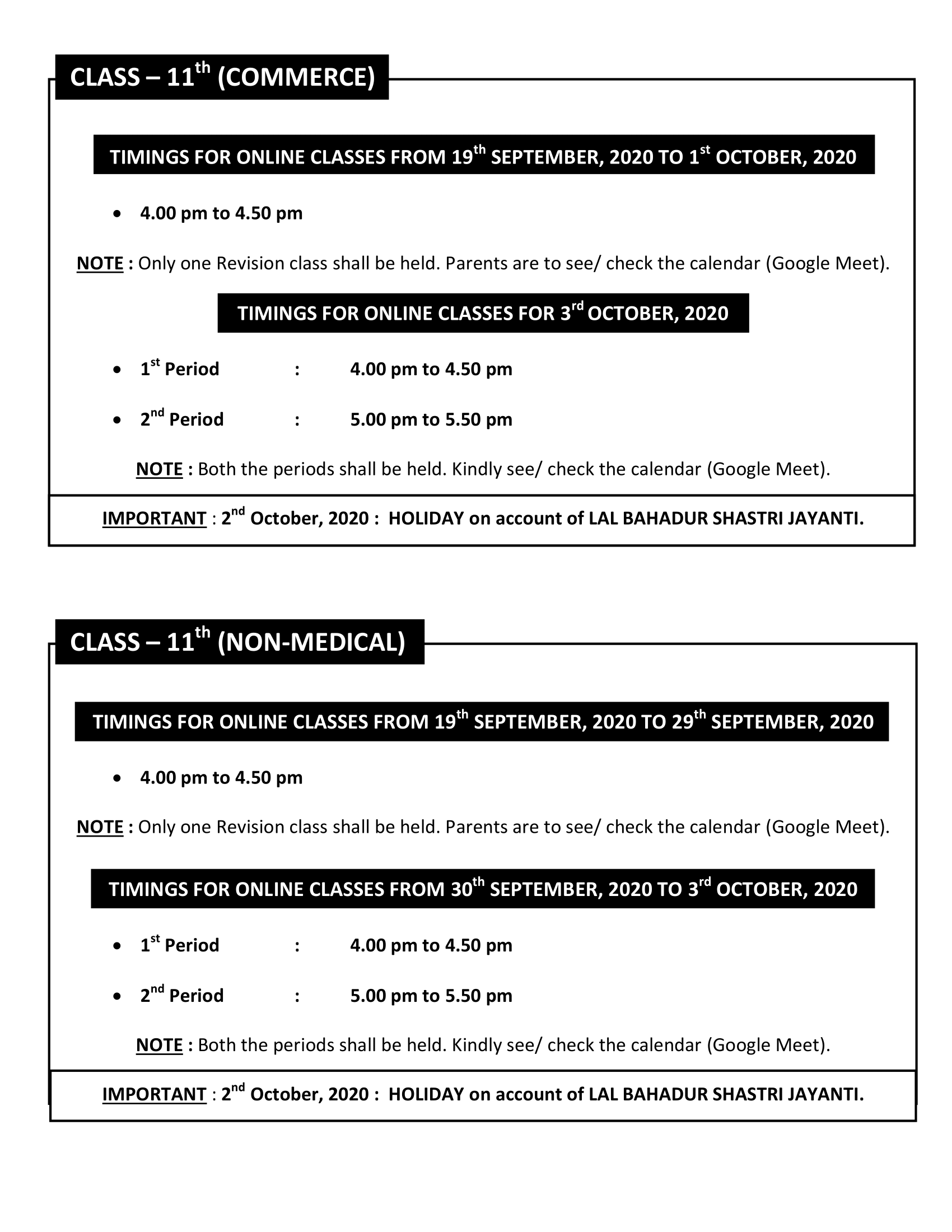 TIMINGS FOR ONLINE CLASSES FROM 19th SEPTEMBER TO 3rd OCTOBER 2020